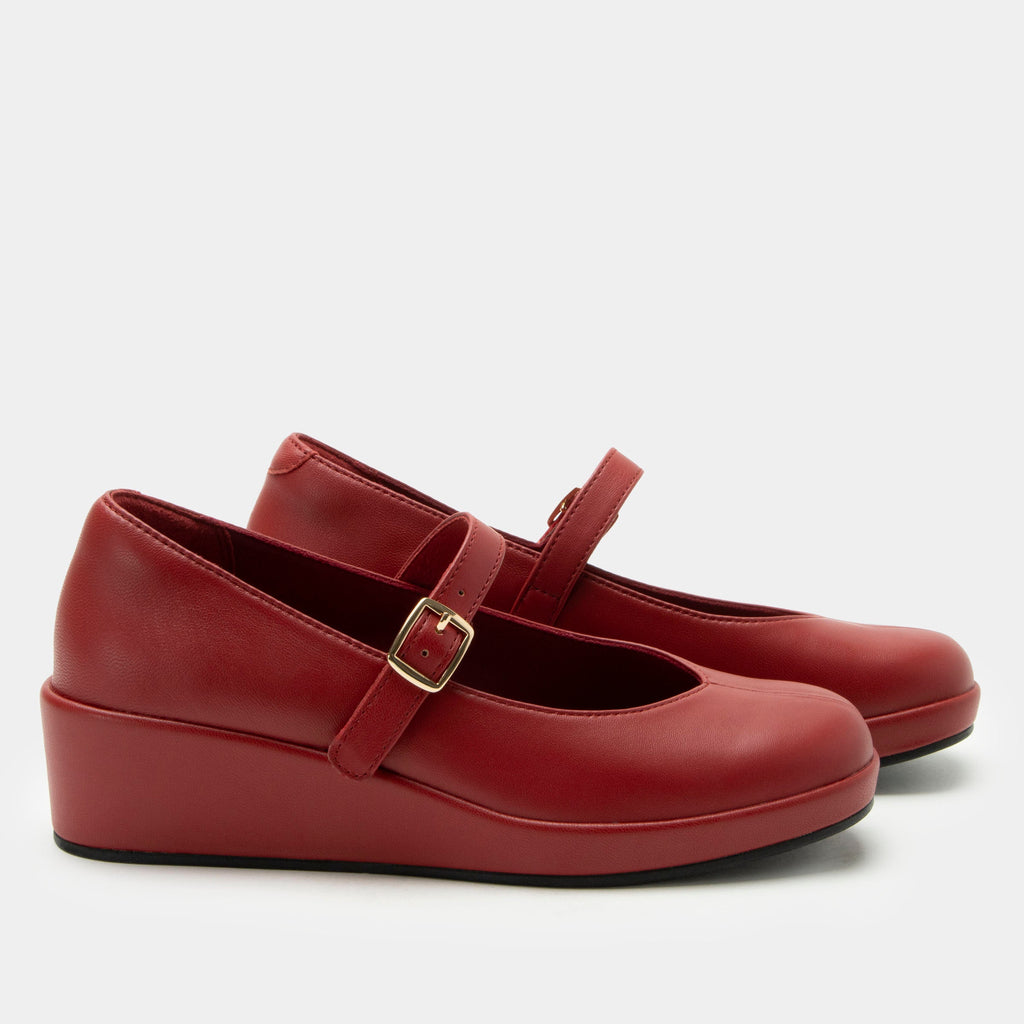 Haylo Ruby shoe on a Trimform wedge outsole | Red leather with a hook and loop strap.