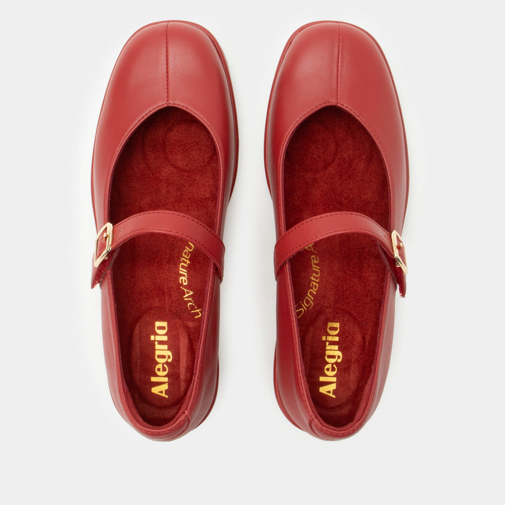 Haylo Ruby shoe on a Trimform wedge outsole | Red leather with a hook and loop strap.