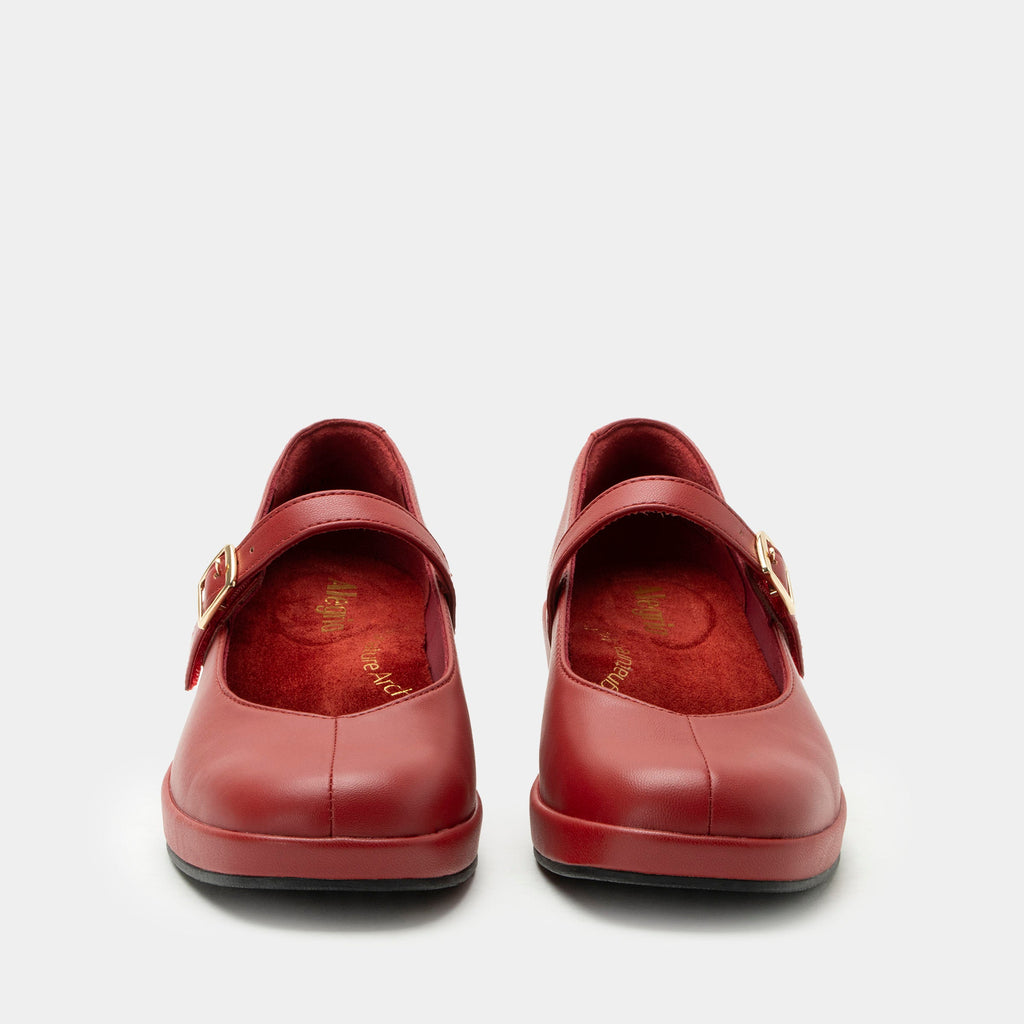 Haylo Ruby shoe on a Trimform wedge outsole | Red leather with a hook and loop strap.