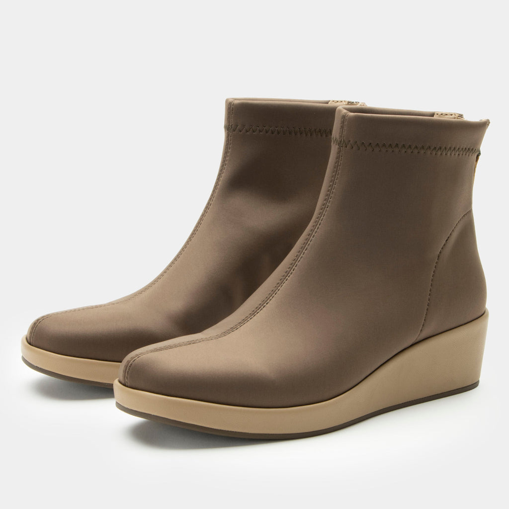 Harmoni Camel Boot on a Trimform wedge outsole | Tan Dream Fit ankle bootie on a wedge heel.