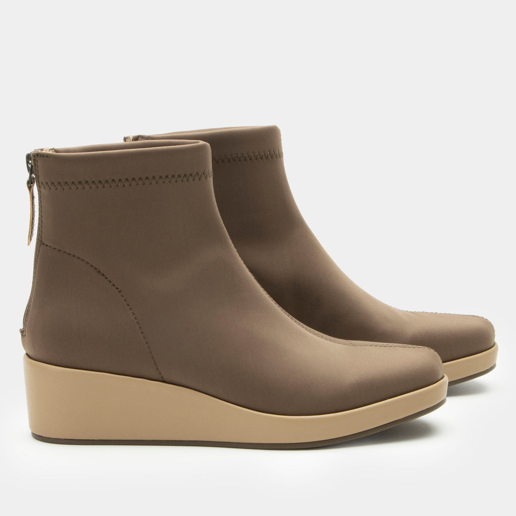 Harmoni Camel Boot on a Trimform wedge outsole | Tan Dream Fit ankle bootie on a wedge heel.