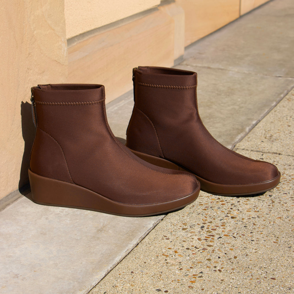 Harmoni Chocolate Boot on a Trimform wedge outsole | Brown Dream Fit ankle bootie on a wedge heel.