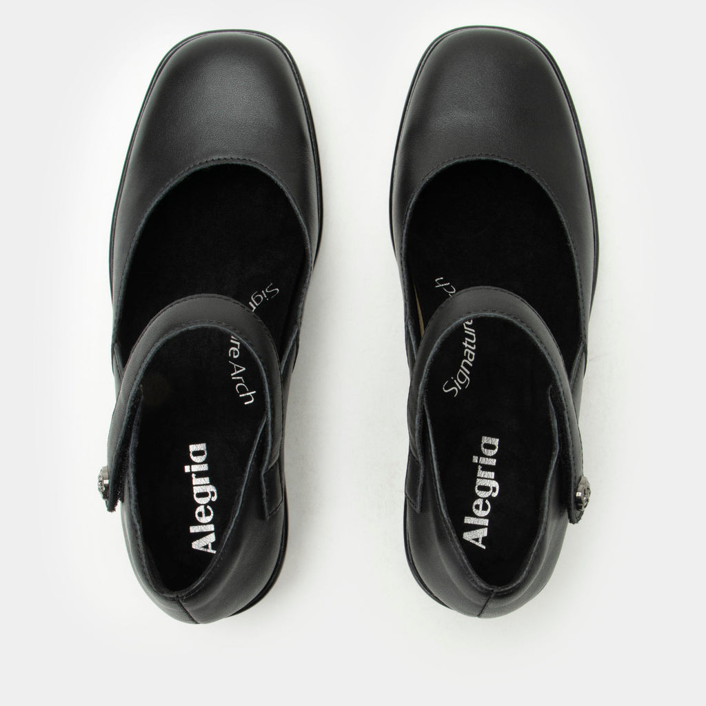 Hayes Black Shoe on a Trimform wedge outsole | Black leather mary jane shoe on a wedge heel outsole.