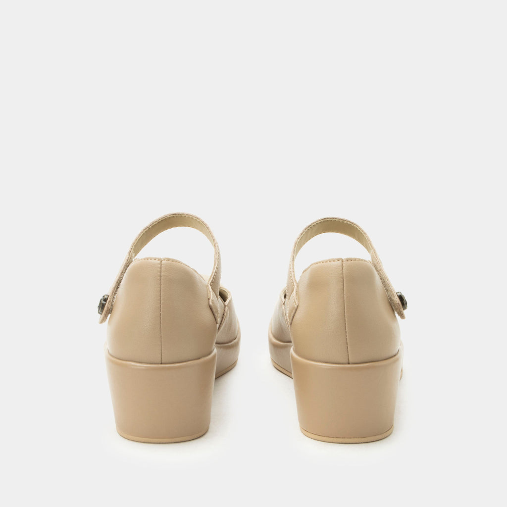 Hayes Beige Shoe on a Trimform wedge outsole | Beige leather mary jane shoe on a wedge heel outsole.