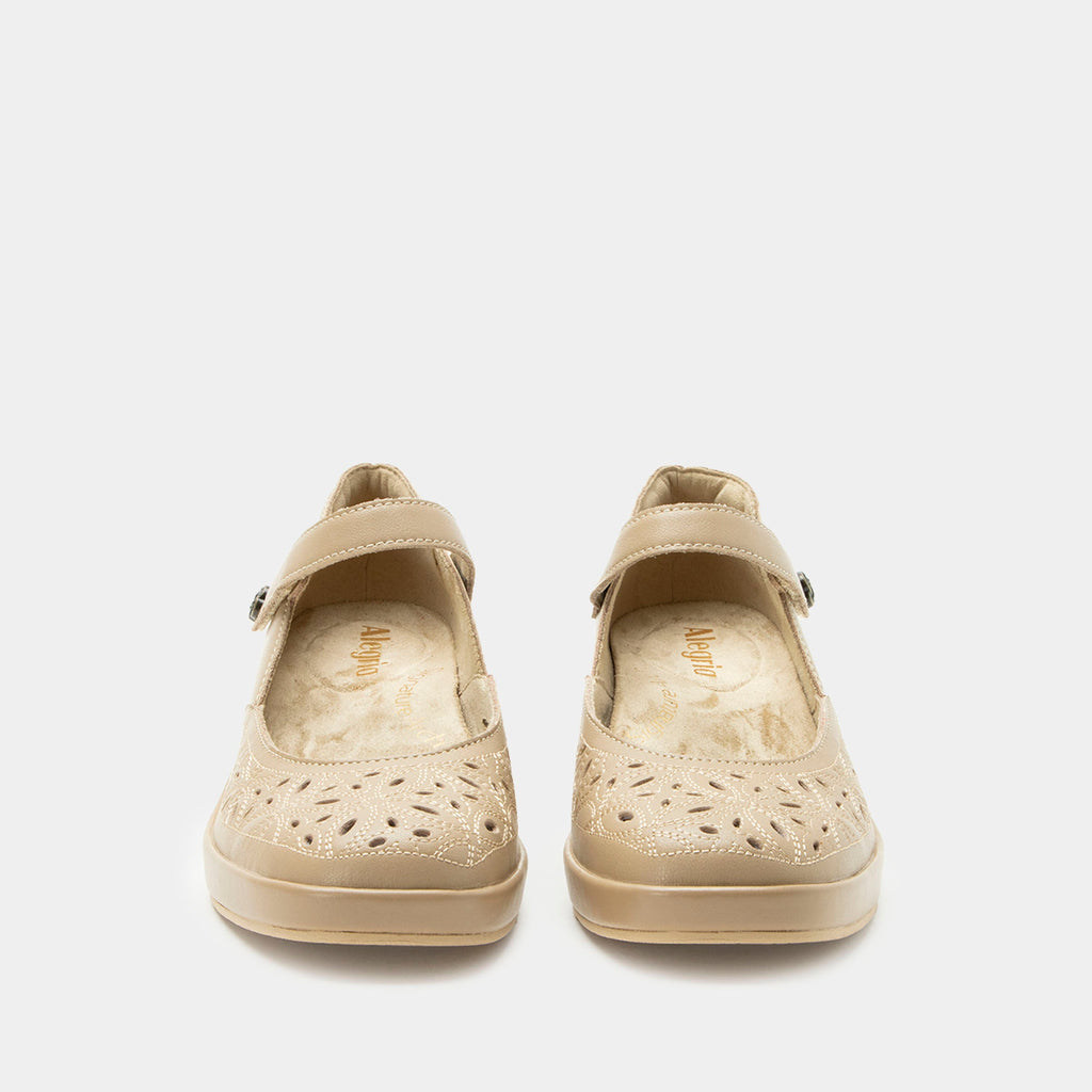 Hayes Beige Breeze Shoe on a Trimform wedge outsole | Beige leather mary jane shoe with laser cutouts on a wedge heel outsole.