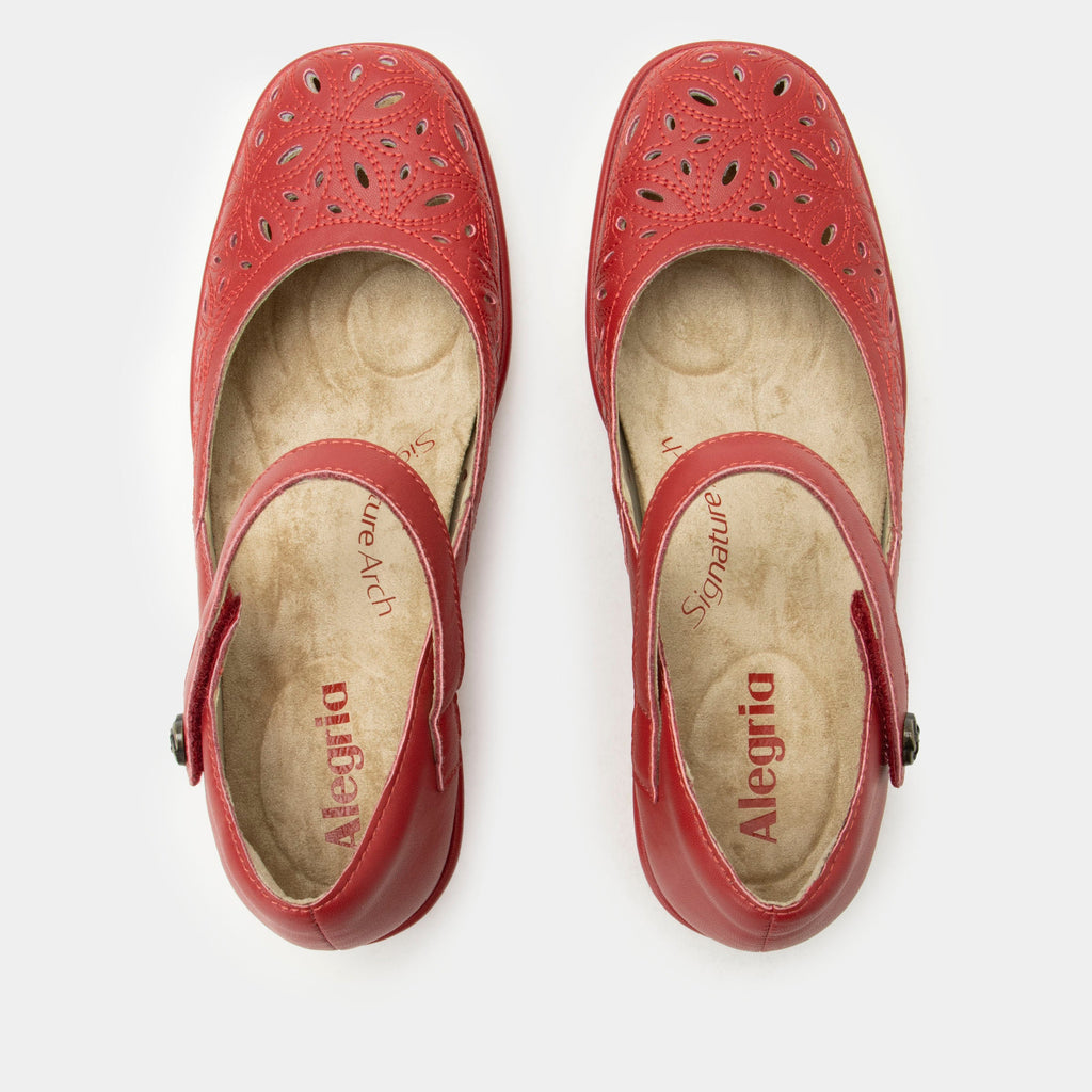 Hayes Ruby Breeze Shoe on a Trimform wedge outsole | Red leather mary jane shoe with laser cutouts on a wedge heel outsole.