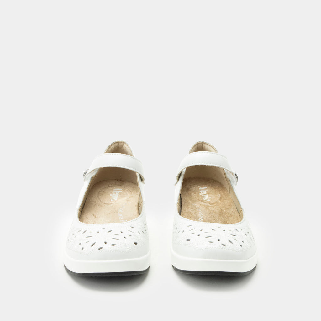 Hayes White Breeze Shoe on a Trimform wedge outsole | White leather mary jane shoe with laser cutouts on a wedge heel outsole.