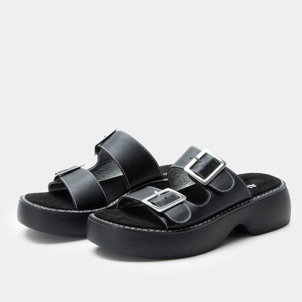 Iza Black sandal| Black leather slide on sandal on a chunky 90's 4 Ever outsole.