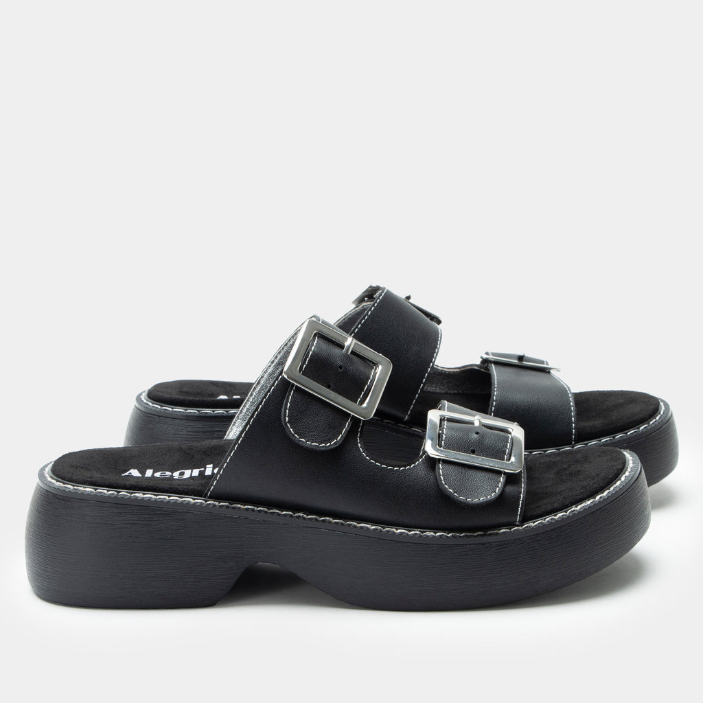 Iza Black sandal| Black leather slide on sandal on a chunky 90's 4 Ever outsole.