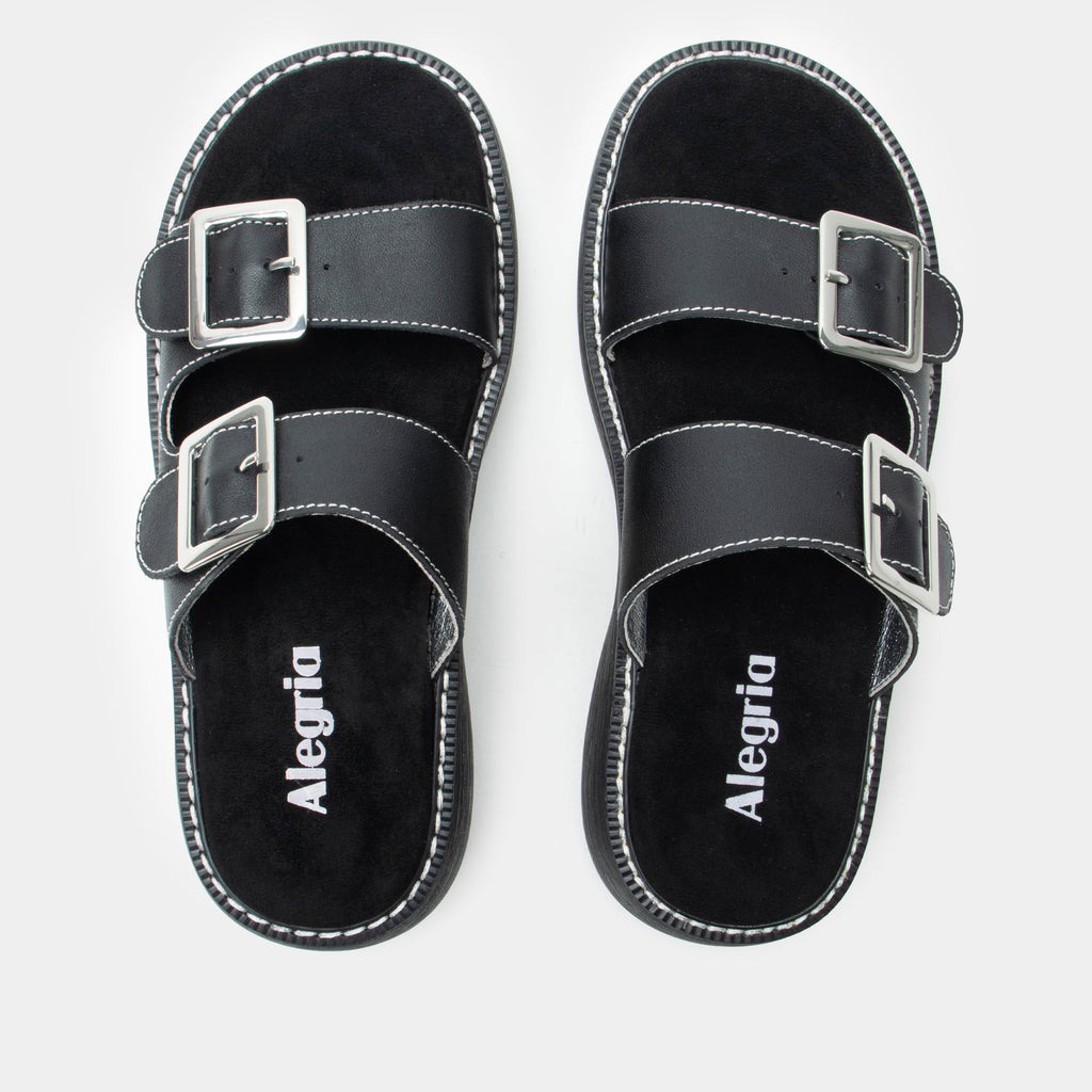 Iza Black sandal| Black leather slide on sandal on a chunky 90's 4 Ever outsole.