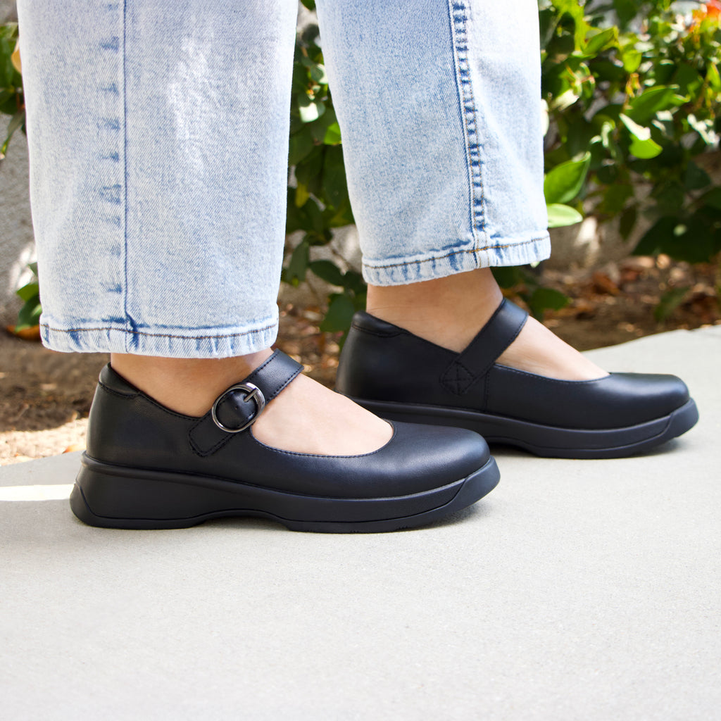 Jazmine Black Nappa Shoe on a Z-Tread outsole | Flat Black mary jane style shoe.