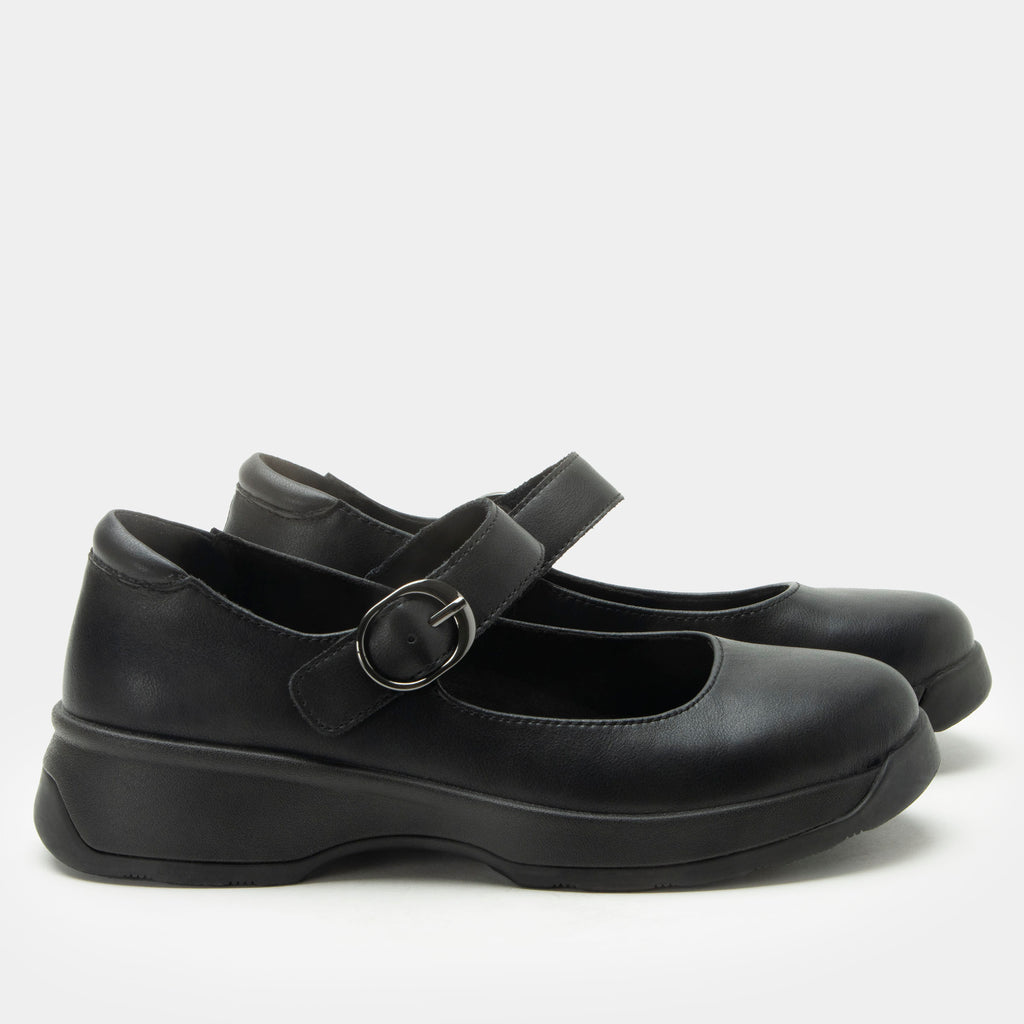 Jazmine Black Nappa Shoe on a Z-Tread outsole | Flat Black mary jane style shoe.