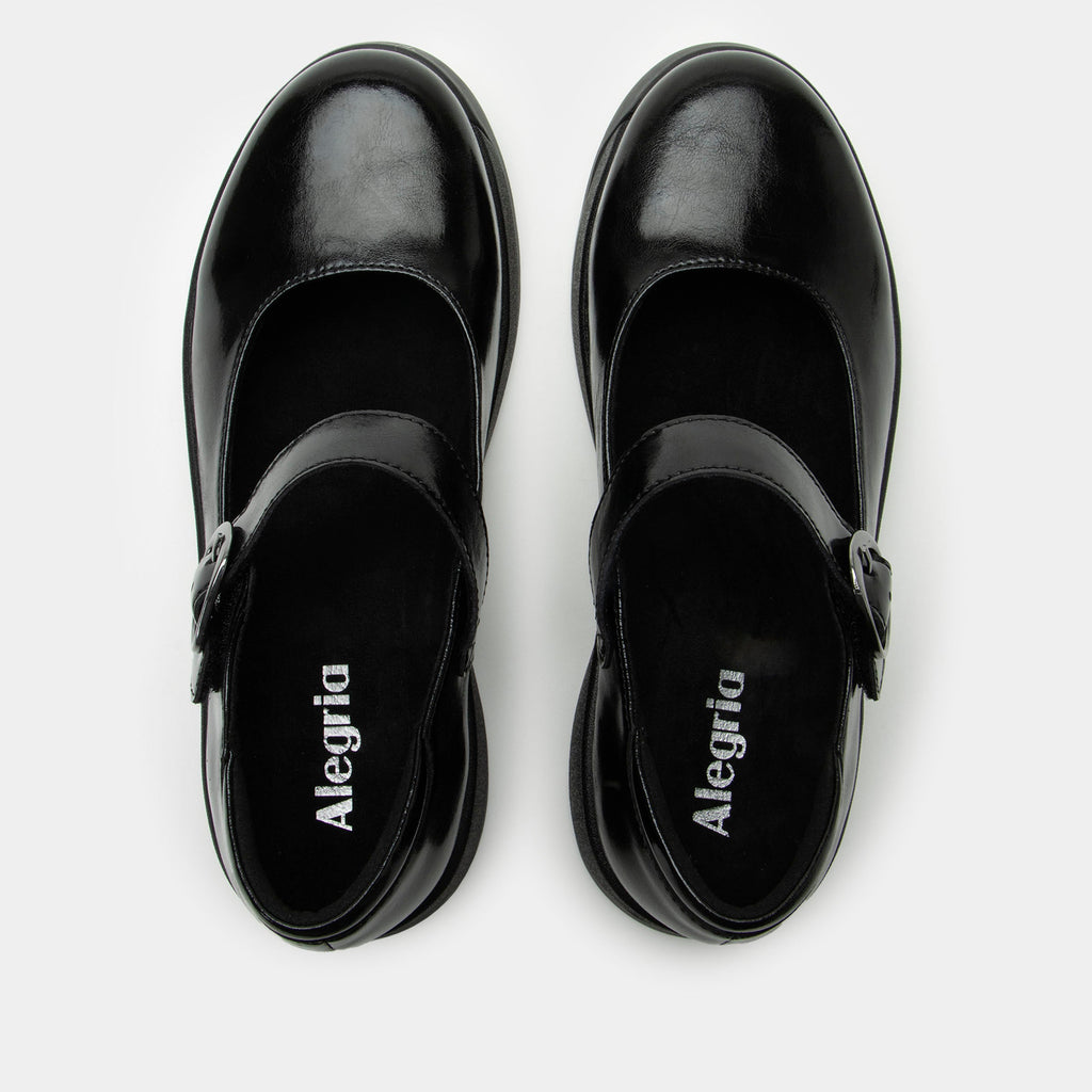 Jazmine Black Nappa Shoe on a Z-Tread outsole | Shiny black mary jane style shoe.