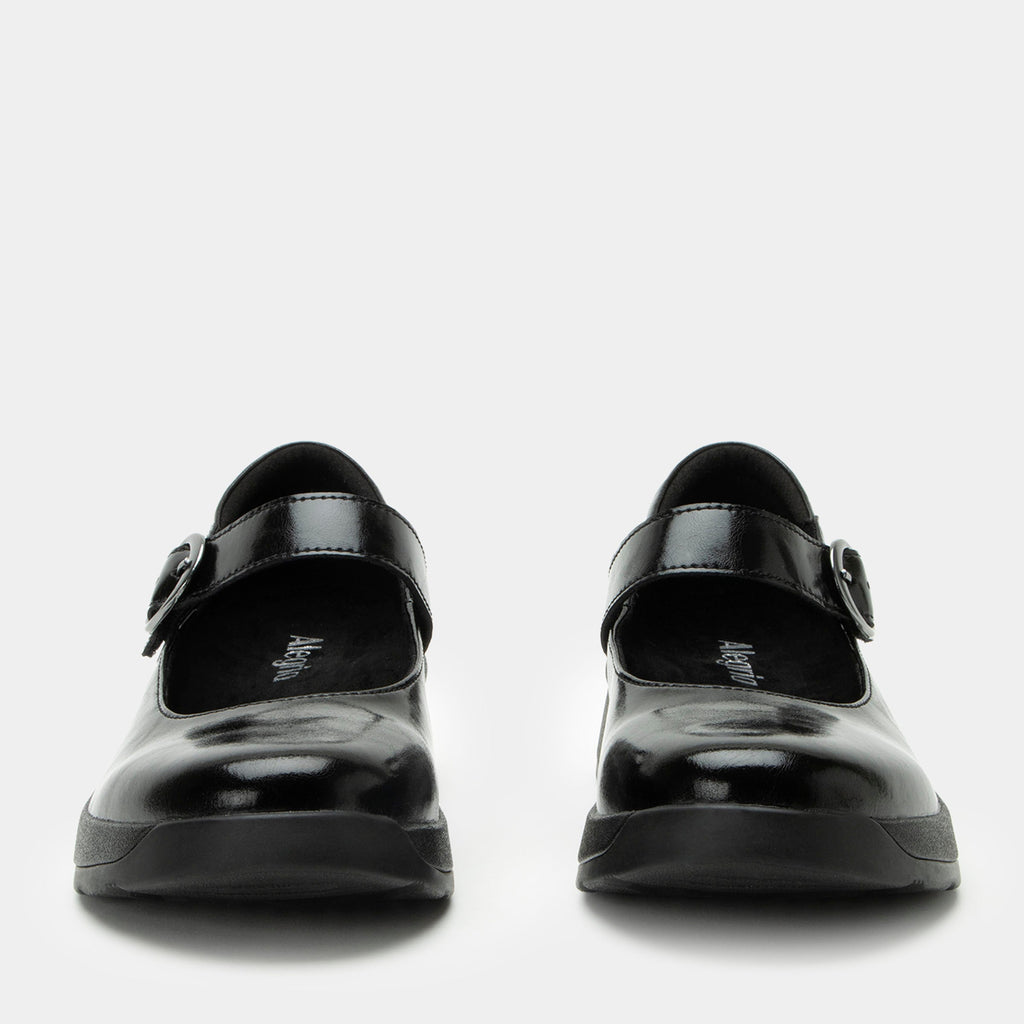 Jazmine Black Nappa Shoe on a Z-Tread outsole | Shiny black mary jane style shoe.