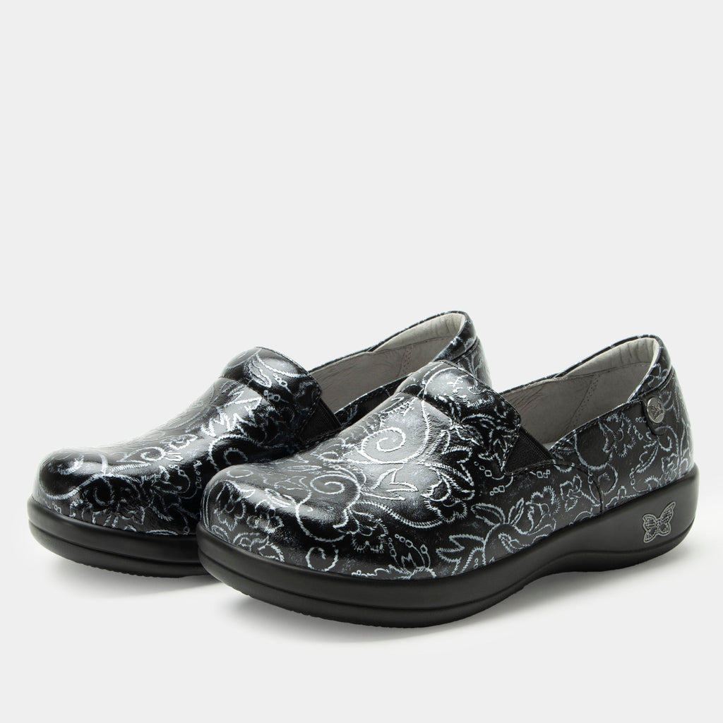 Keli Emborider Me Pewter Professional Shoe on a Career casual outsole| Black shoe with pewter colored emboriding designs on patent leather uppers.