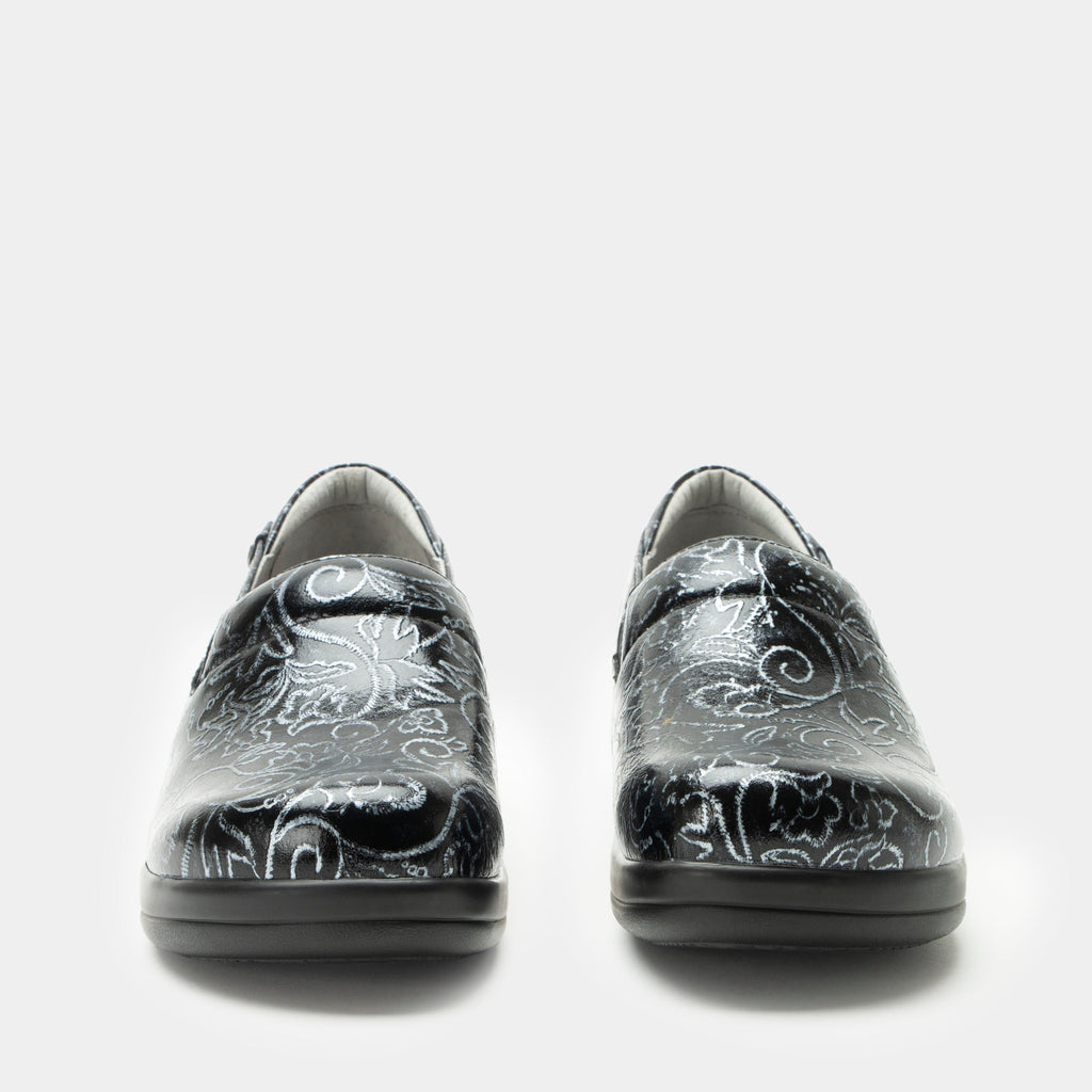 Keli Emborider Me Pewter Professional Shoe on a Career casual outsole| Black shoe with pewter colored emboriding designs on patent leather uppers.