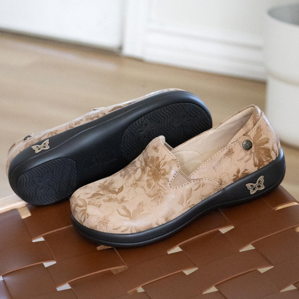 Keli Sweeter Than Tandy Professional Shoe on a Career casual outsole| Tan shoe with neutral floral designs on a nubuck leather upper.