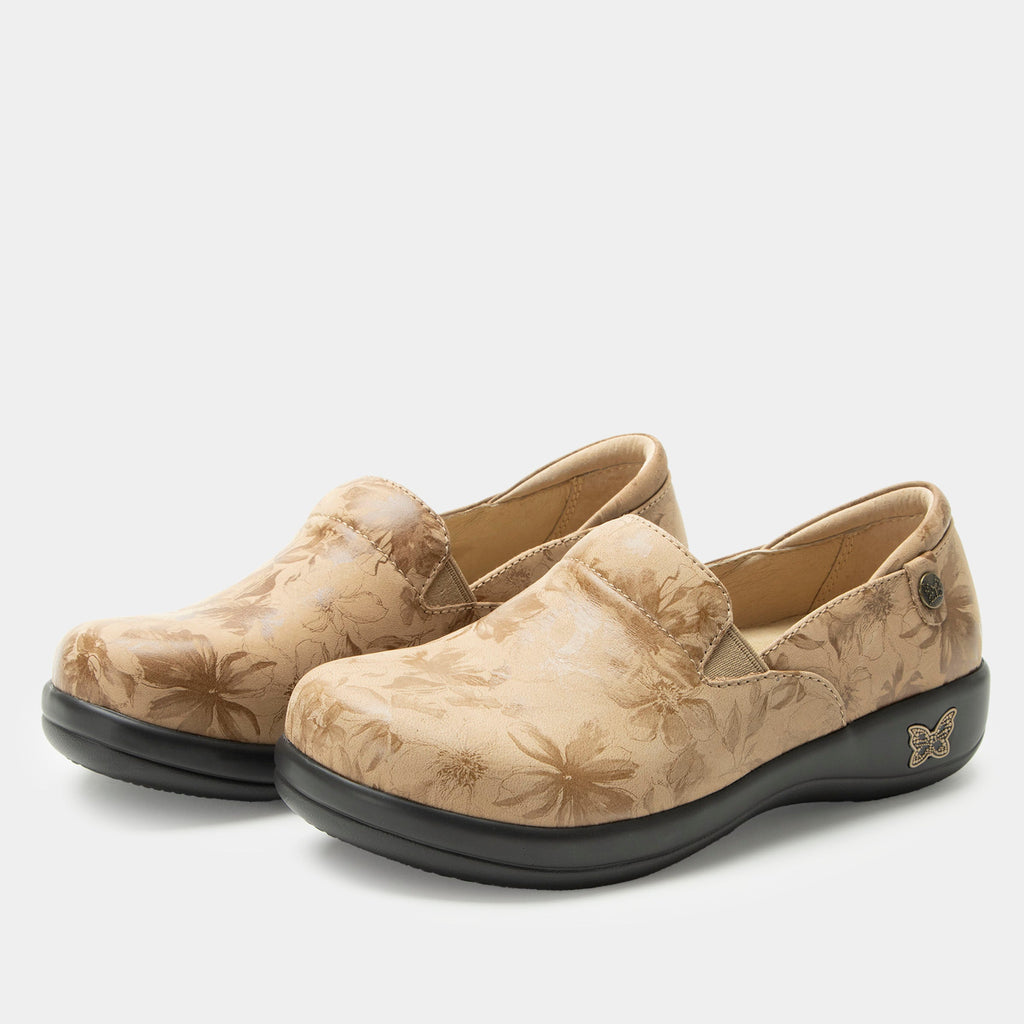 Keli Sweeter Than Tandy Professional Shoe on a Career casual outsole| Tan shoe with neutral floral designs on a nubuck leather upper.