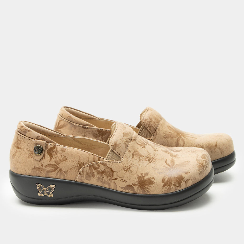 Keli Sweeter Than Tandy Professional Shoe on a Career casual outsole| Tan shoe with neutral floral designs on a nubuck leather upper.