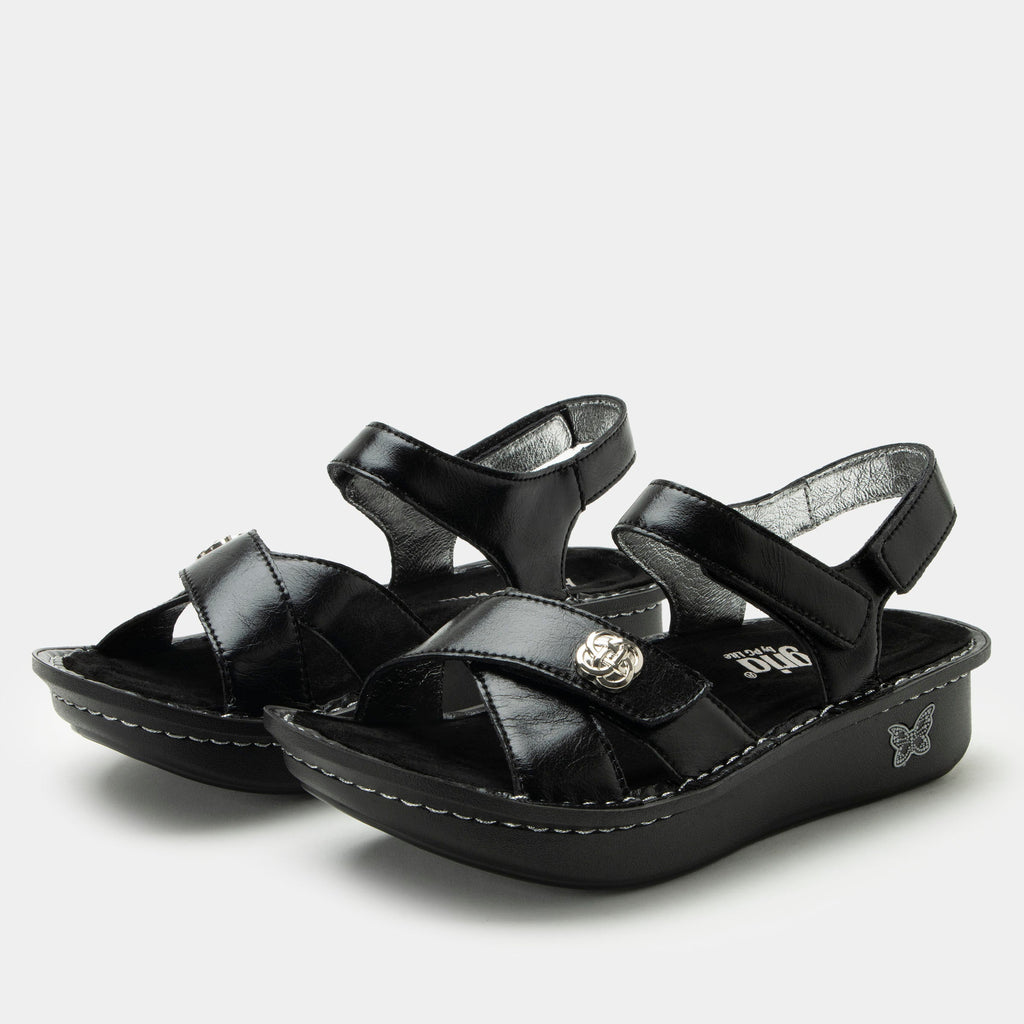 Kelsi Black Sapphire sandal on the Classic rocker outsole | Black patent leather sandal with adjustable straps.