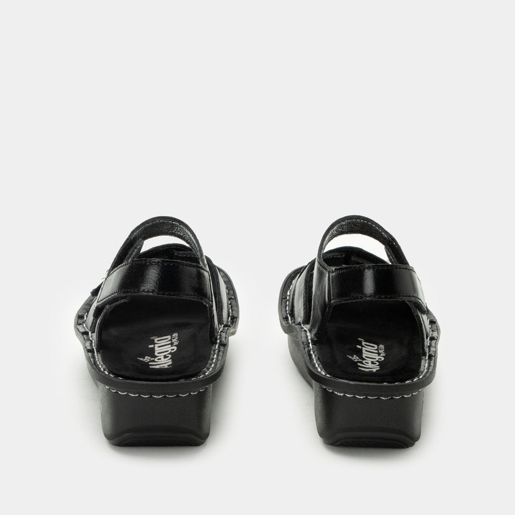 Kelsi Black Sapphire sandal on the Classic rocker outsole | Black patent leather sandal with adjustable straps.