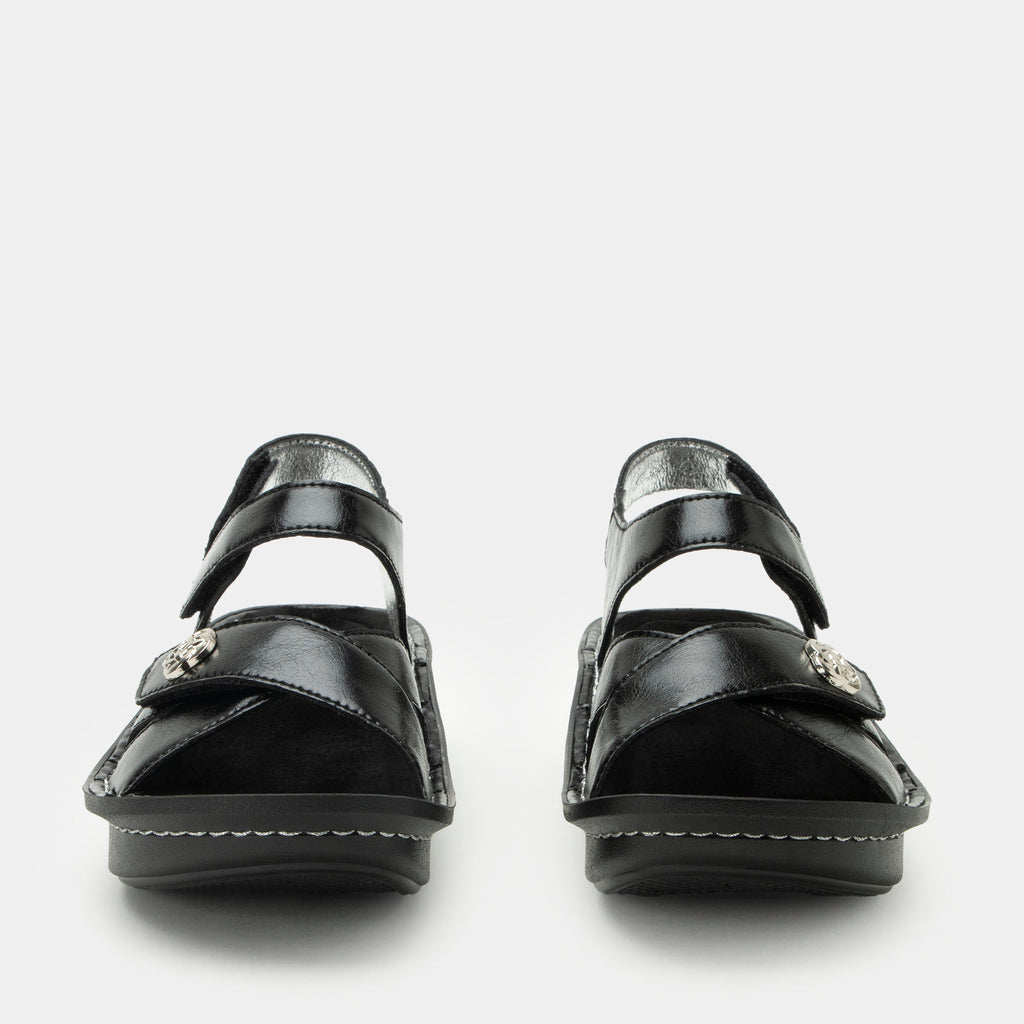 Kelsi Black Sapphire sandal on the Classic rocker outsole | Black patent leather sandal with adjustable straps.