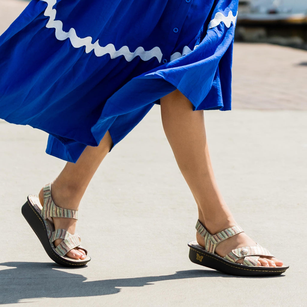 Kelsi Spumoni sandal on the Classic rocker outsole | Multi colored printed stripes on a tan multi strap sandal with leather uppers.