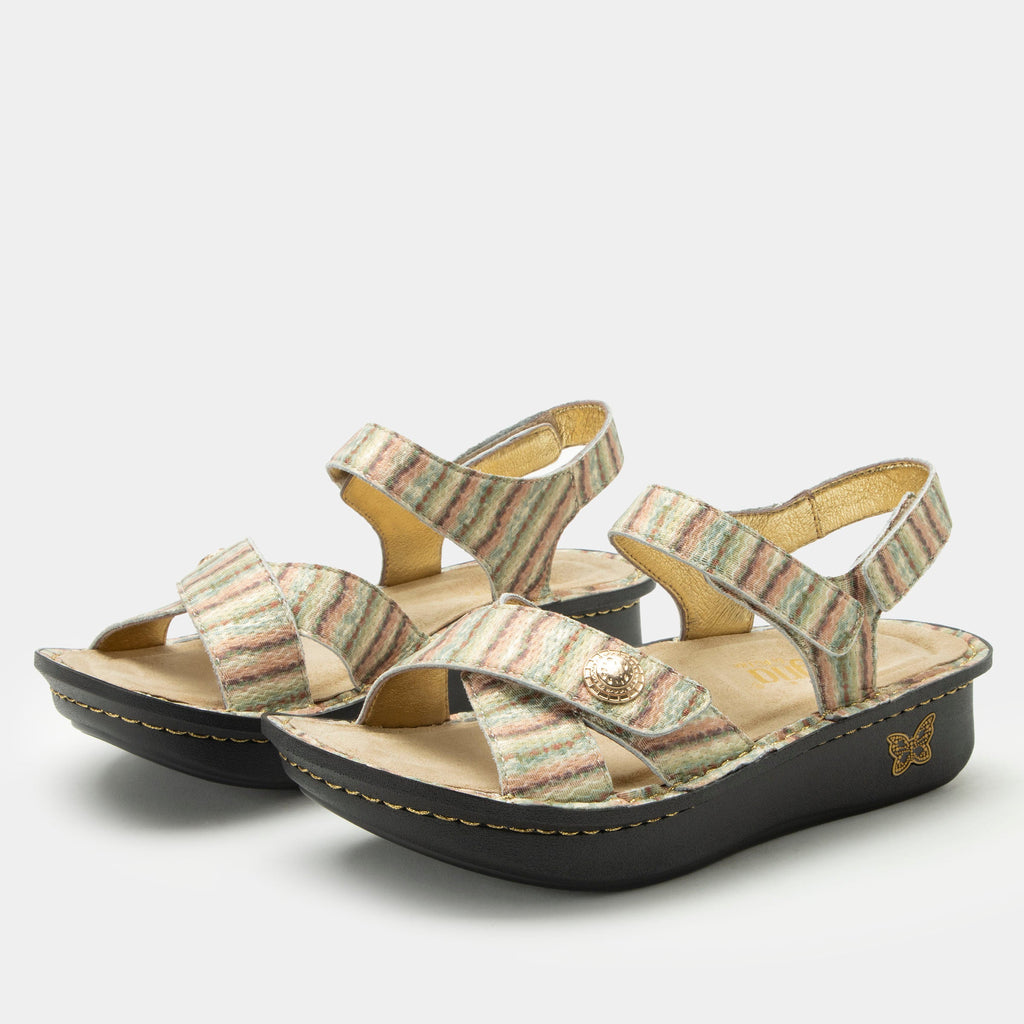 Kelsi Spumoni sandal on the Classic rocker outsole | Multi colored printed stripes on a tan multi strap sandal with leather uppers.