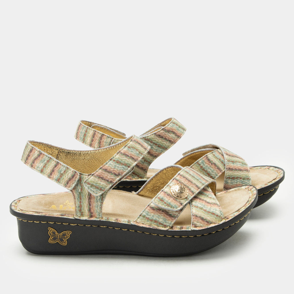 Kelsi Spumoni sandal on the Classic rocker outsole | Multi colored printed stripes on a tan multi strap sandal with leather uppers.