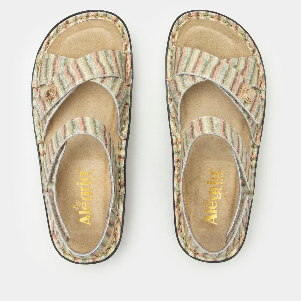 Kelsi Spumoni sandal on the Classic rocker outsole | Multi colored printed stripes on a tan multi strap sandal with leather uppers.