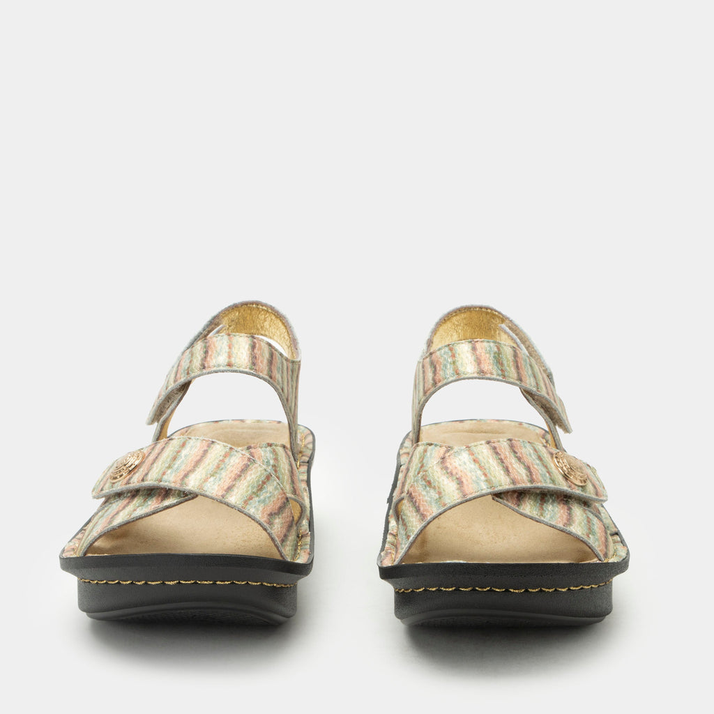 Kelsi Spumoni sandal on the Classic rocker outsole | Multi colored printed stripes on a tan multi strap sandal with leather uppers.