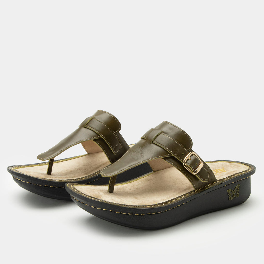 Kennedi Oliva sandal on the Classic rocker outsole | Green leather toe prong sandal.