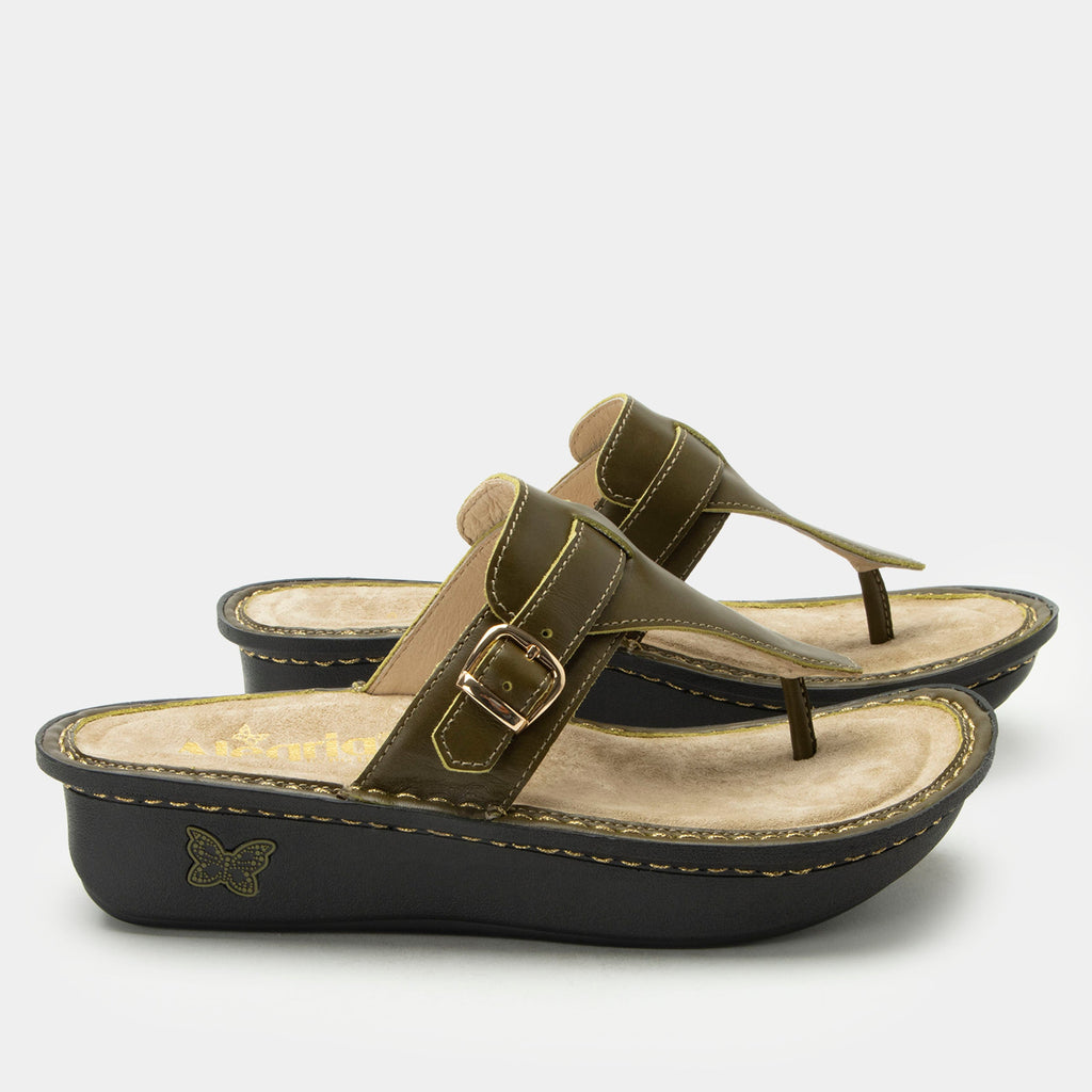 Kennedi Oliva sandal on the Classic rocker outsole | Green leather toe prong sandal.