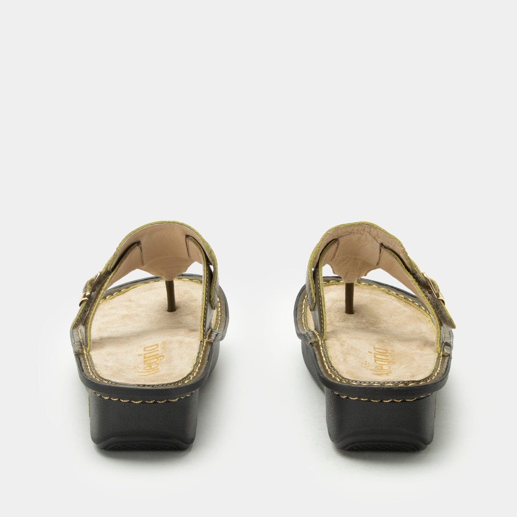 Kennedi Oliva sandal on the Classic rocker outsole | Green leather toe prong sandal.