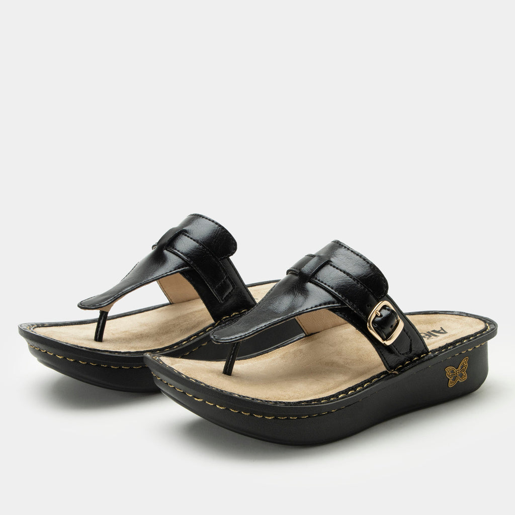 Kennedi Balck Sapphire sandal on the Classic rocker outsole | Black leather toe prong sandal.