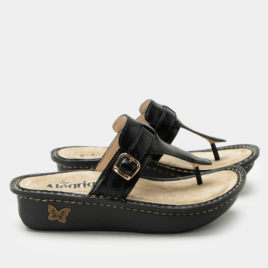 Kennedi Balck Sapphire sandal on the Classic rocker outsole | Black leather toe prong sandal.