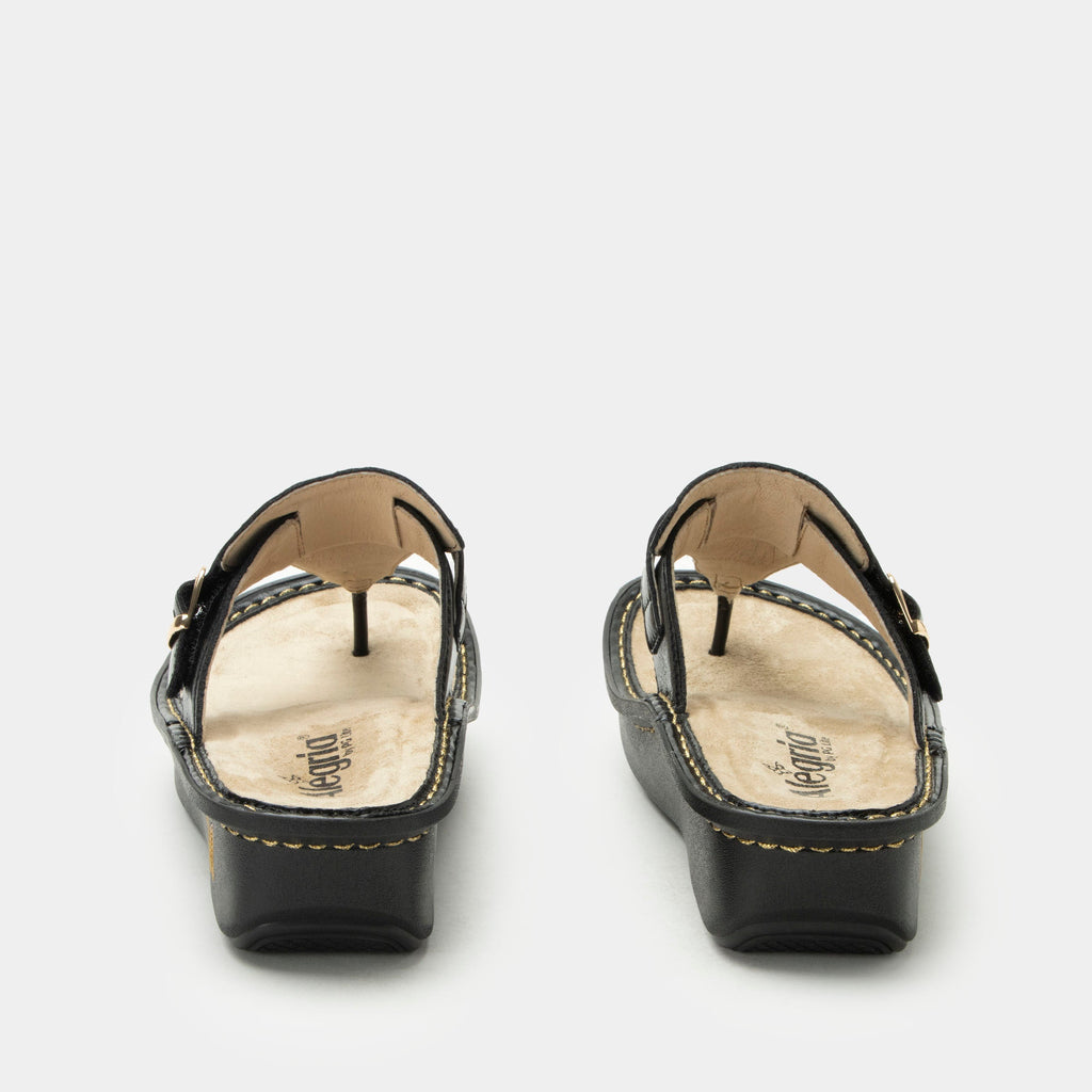 Kennedi Balck Sapphire sandal on the Classic rocker outsole | Black leather toe prong sandal.