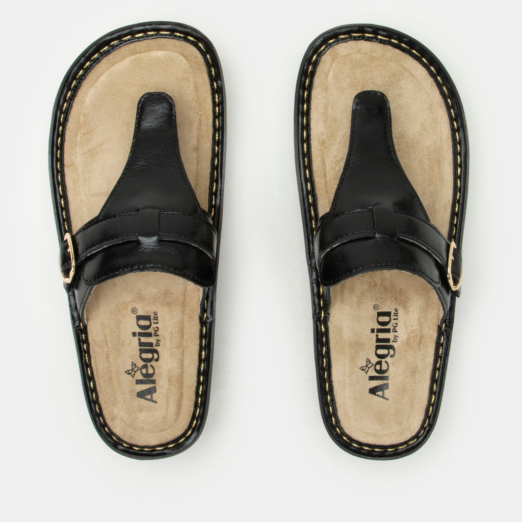 Kennedi Balck Sapphire sandal on the Classic rocker outsole | Black leather toe prong sandal.