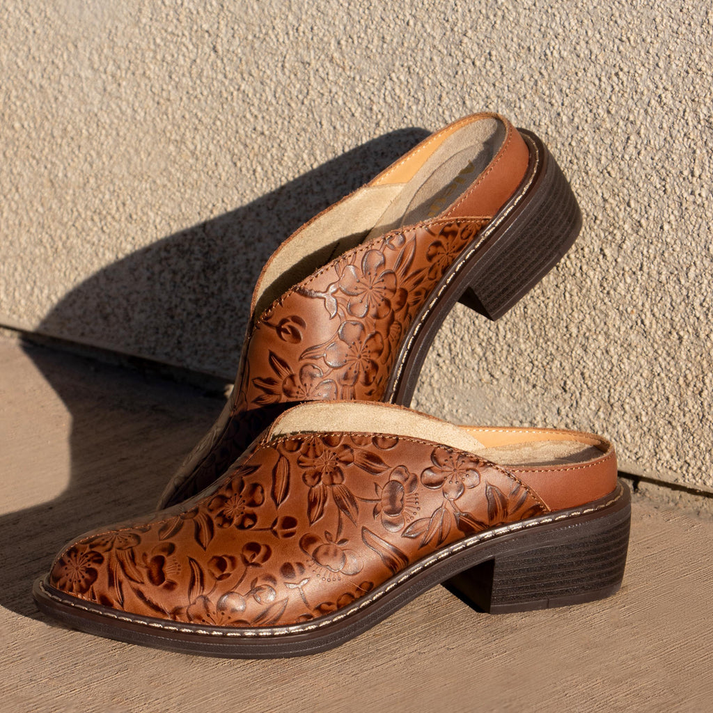 Michy Loretta Shoe on a Trimform heel outsole| Floral embossed brown leather slip on shoe.