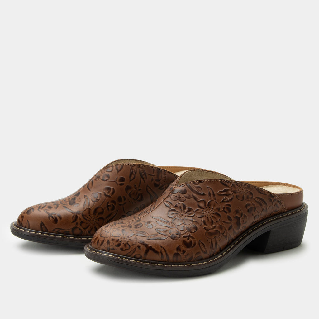 Michy Loretta Shoe on a Trimform heel outsole| Floral embossed brown leather slip on shoe.