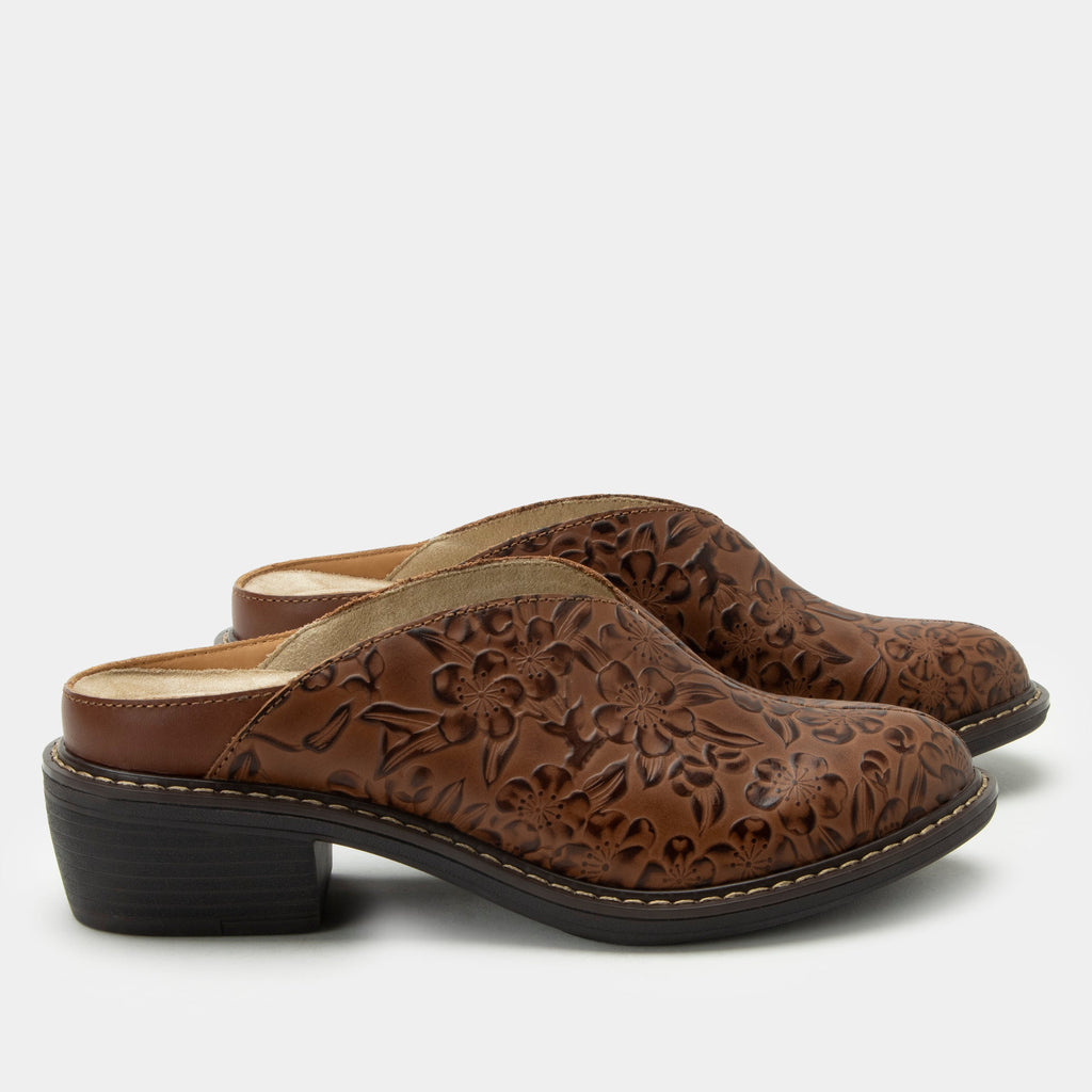 Michy Loretta Shoe on a Trimform heel outsole| Floral embossed brown leather slip on shoe.