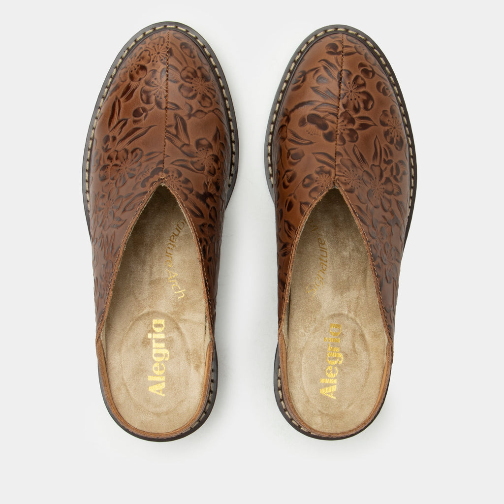 Michy Loretta Shoe on a Trimform heel outsole| Floral embossed brown leather slip on shoe.