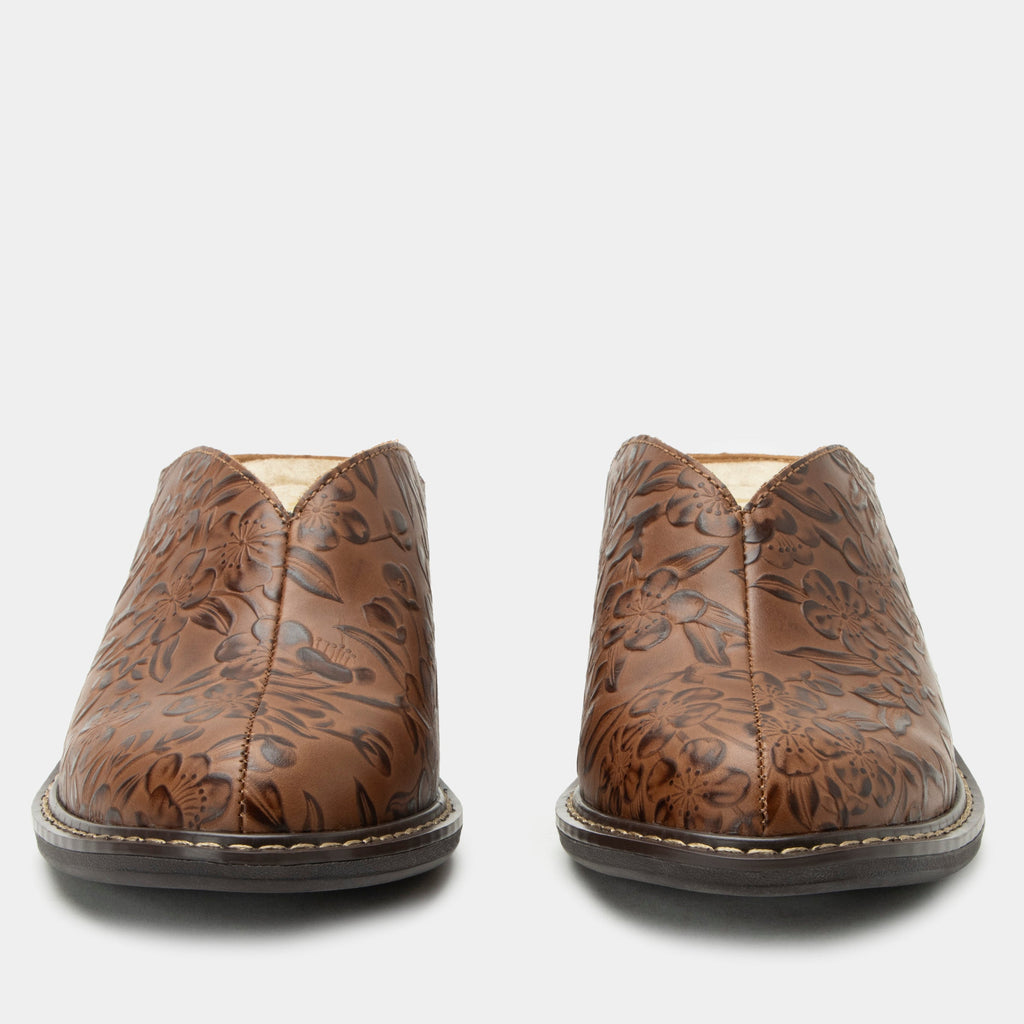 Michy Loretta Shoe on a Trimform heel outsole| Floral embossed brown leather slip on shoe.