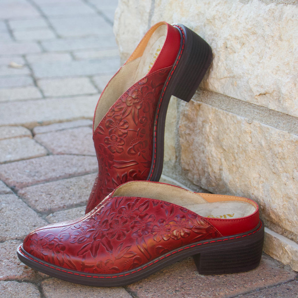 Michy Loretta Roja Shoe on a Trimform heel outsole| Floral embossed red leather slip on shoe.