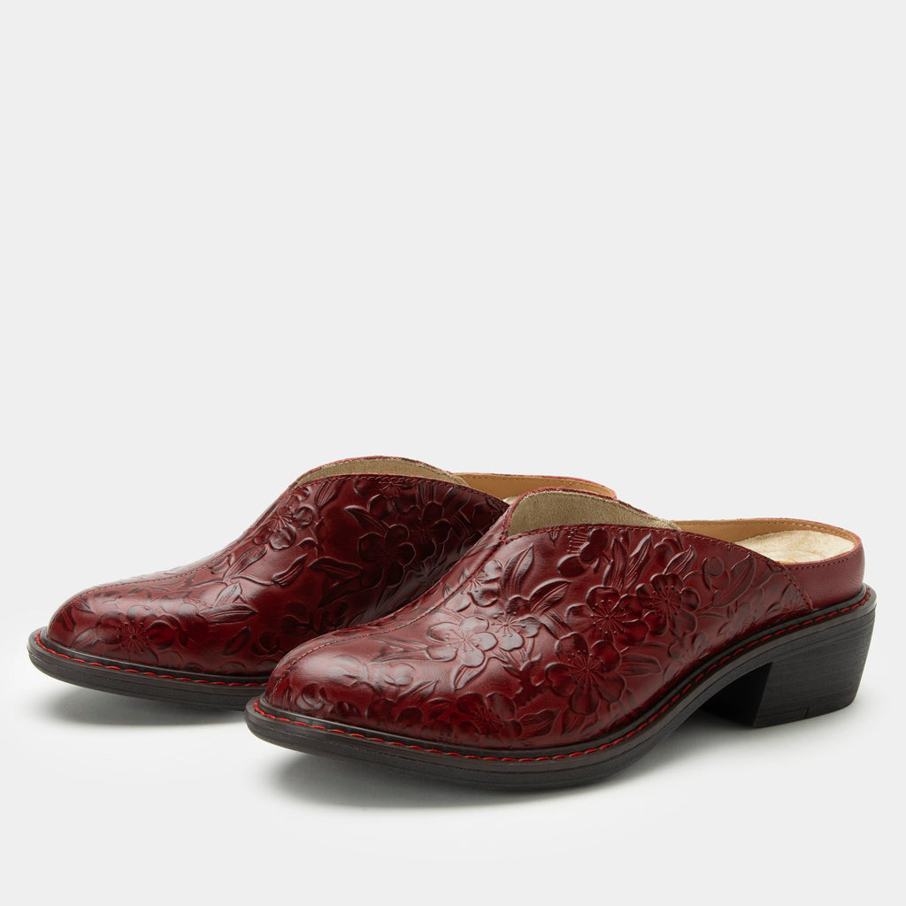 Michy Loretta Roja Shoe on a Trimform heel outsole| Floral embossed red leather slip on shoe.