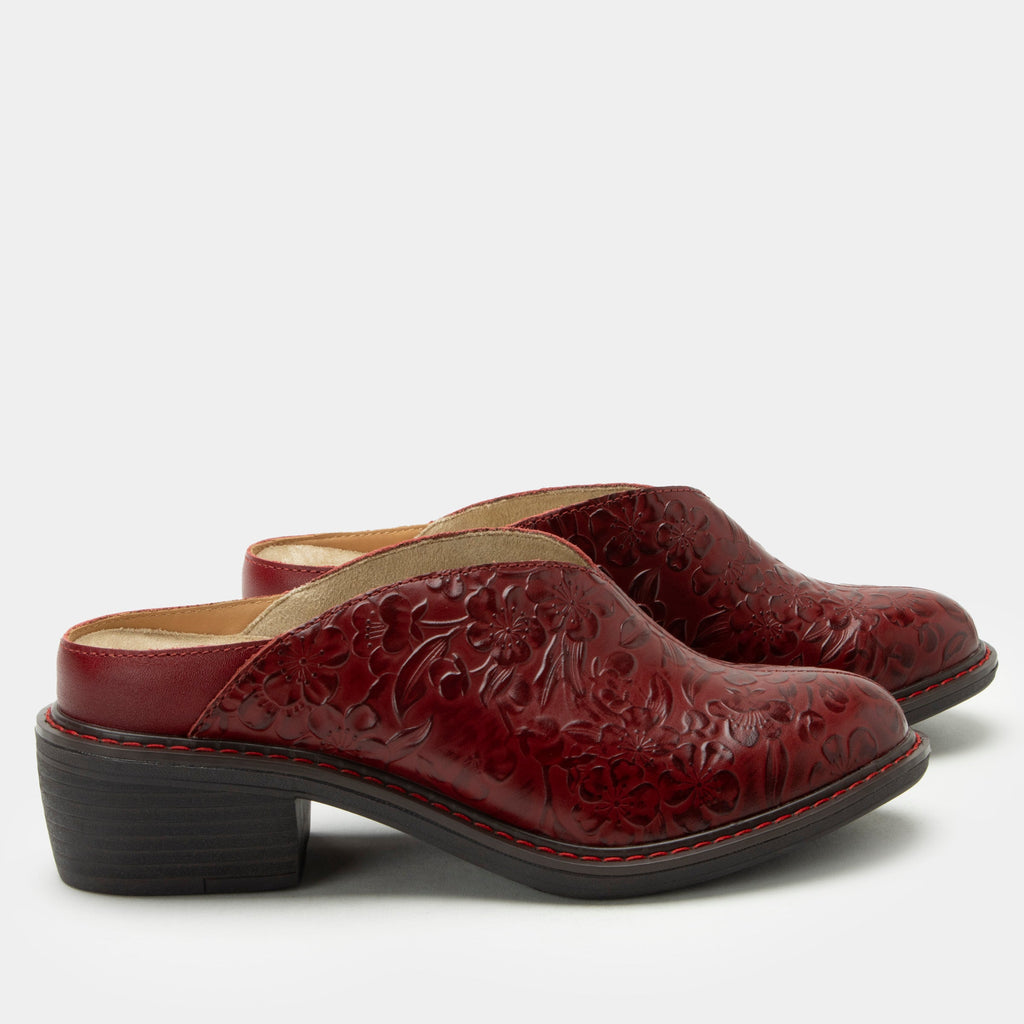 Michy Loretta Roja Shoe on a Trimform heel outsole| Floral embossed red leather slip on shoe.