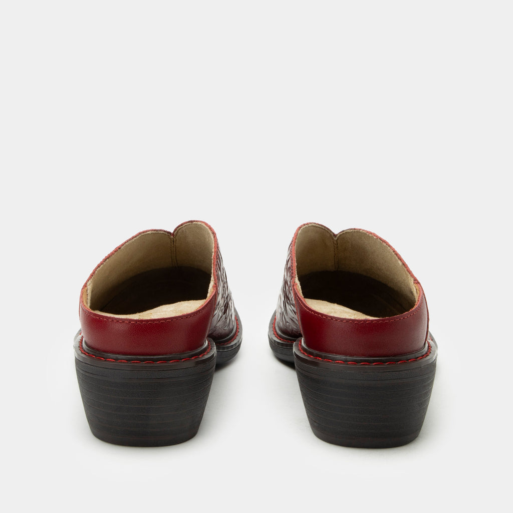 Michy Loretta Roja Shoe on a Trimform heel outsole| Floral embossed red leather slip on shoe.