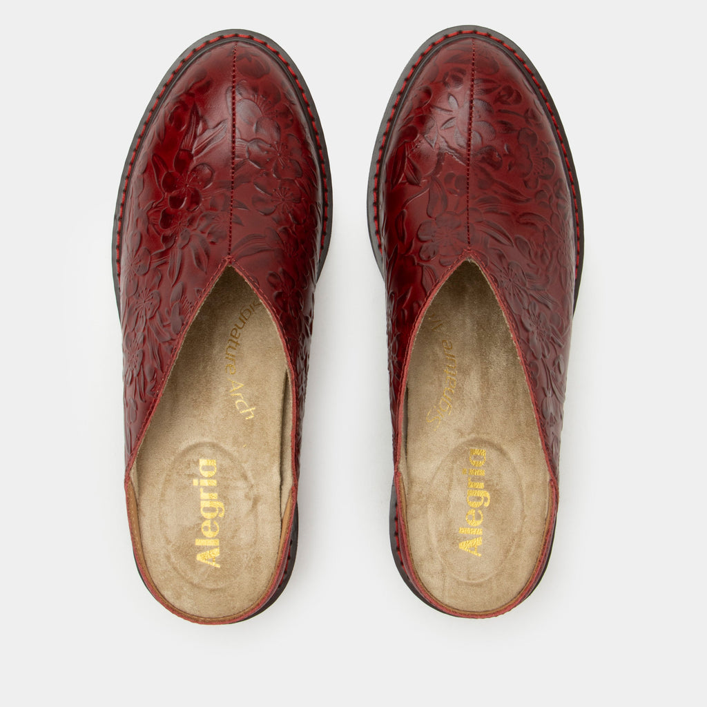 Michy Loretta Roja Shoe on a Trimform heel outsole| Floral embossed red leather slip on shoe.