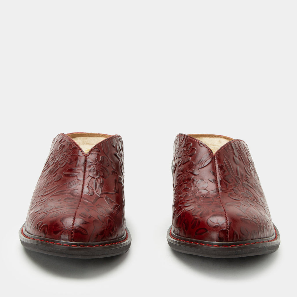 Michy Loretta Roja Shoe on a Trimform heel outsole| Floral embossed red leather slip on shoe.