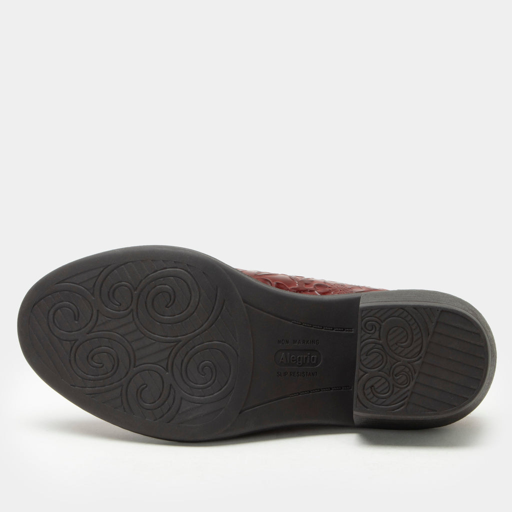 Michy Loretta Roja Shoe on a Trimform heel outsole| Floral embossed red leather slip on shoe.